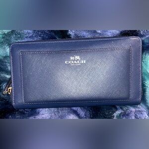 Coach Navy Saffiano Leather Zip around Wallet